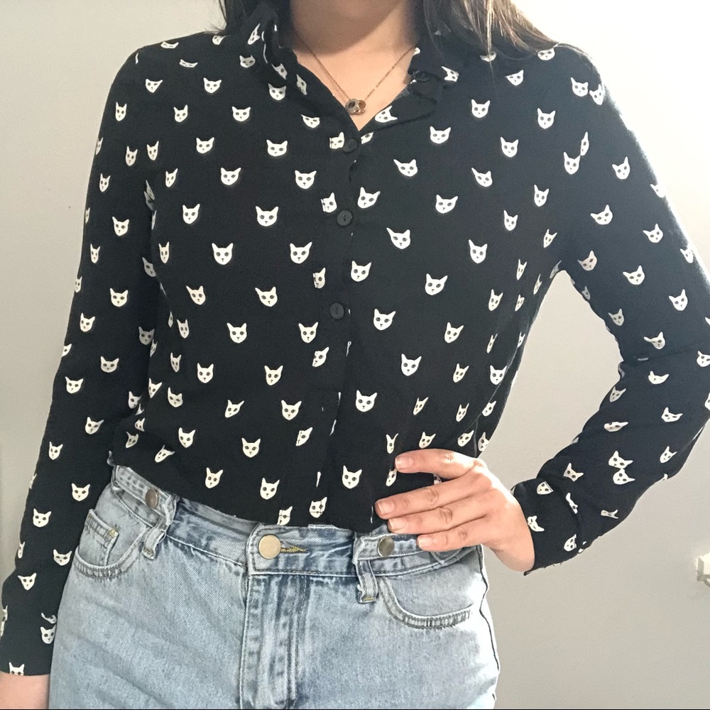 Cartoon Cat Print Button Up Blouse